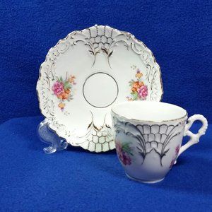 Vintage Floral and Gold Demitasse Cup and Saucer Set Unmarked AS IS